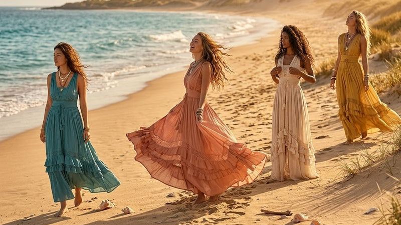 Four women on the beach wearing boho style maxi dresses from Boho Beach Hut.
