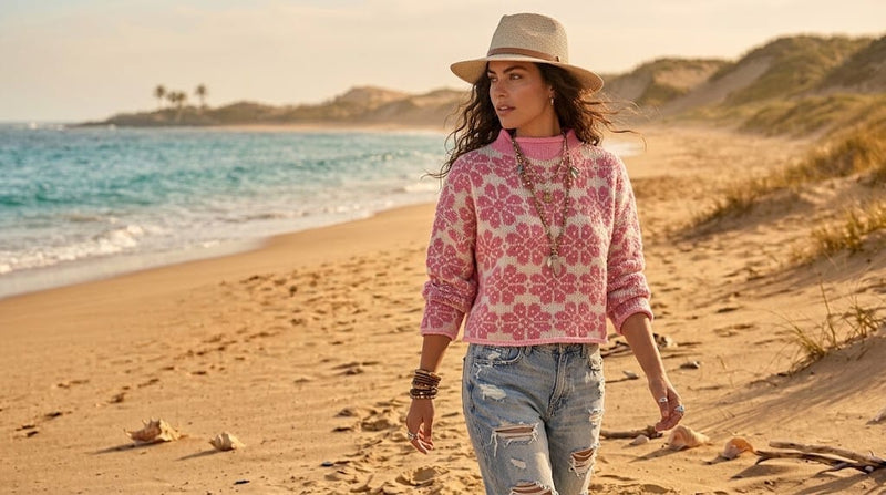 Boho clothing layers for fall featuring boho sweaters, bottoms, jewelry and accessories