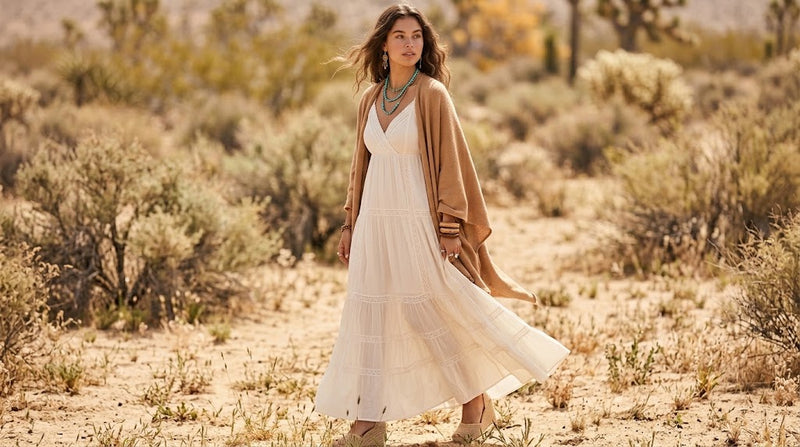 Woman wearing a flowing ivory white tiered boho maxi dress with a V-neckline, camel cardigan, layered turquoise necklaces, and wedge sandals in a desert setting.