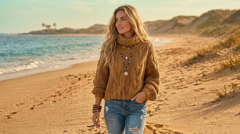 Woman wearing a chunky knit sweater, jeans and layered jewelry styled as a casual boho outfit
