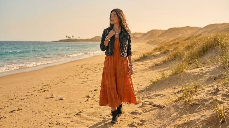 Woman wearing a burnt orange boho maxi dress with a flowy silhouette, styled for a chic fall-inspired outfit.