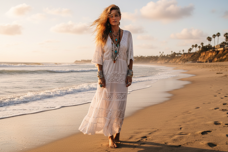 Woman wearing a white boho beach dress and bohemian jewelry standing on the beach