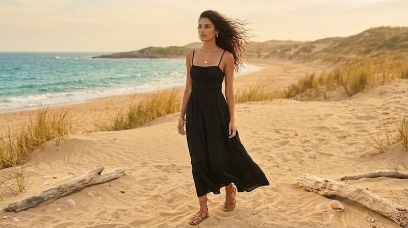 Woman wearing a boho midi dress styled for a casual feminine outfit