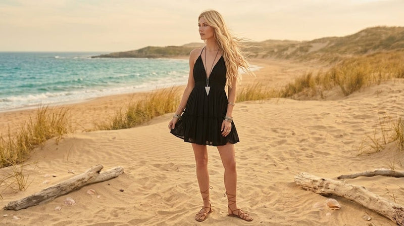 Woman wearing a black boho mini dress and bohemian accessories.