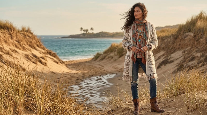 Woman wearing a boho knit carigan, distressed denim jeans and layered bohemian jewelry for effortless boho winter style