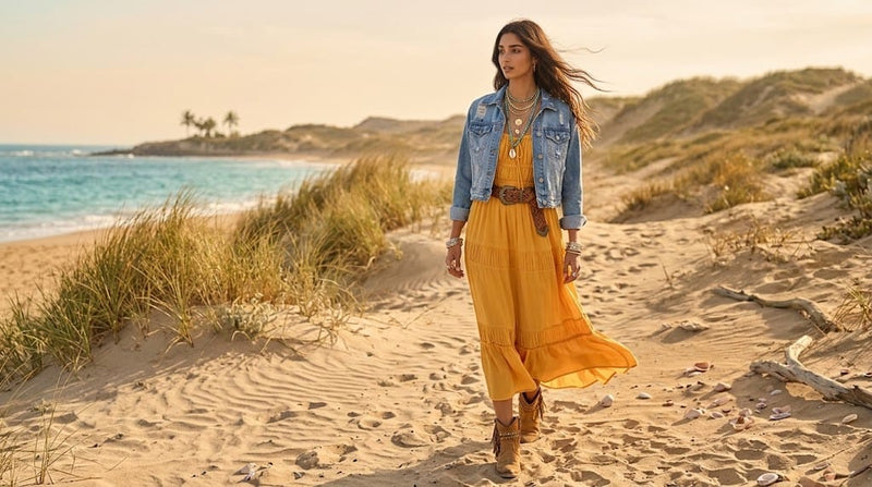 Woman wearing a yellow boho maxi dress, denim jacket, ankle boots and boho jewelry from Boho Beach Hut.