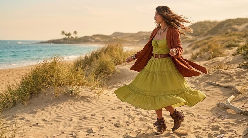 Woman wearing a boho maxi dress, knit cardigan, ankle boots and layered bohemian accessories.