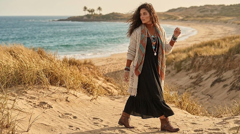 Woman wearing layered winter boho clothing with a oversized cardigan, boho maxi dress and cozy cold-weather accessories