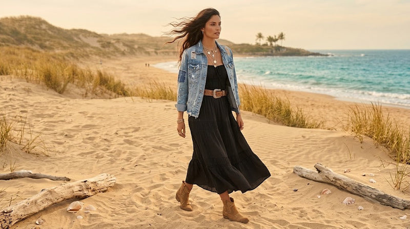 Woman wearing a floral boho maxi dress layered for fall with cozy cold-weather accessories