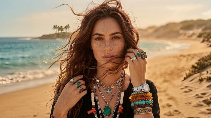 Boho jewelry featuring layered necklaces, statement earrings, bracelets and rings