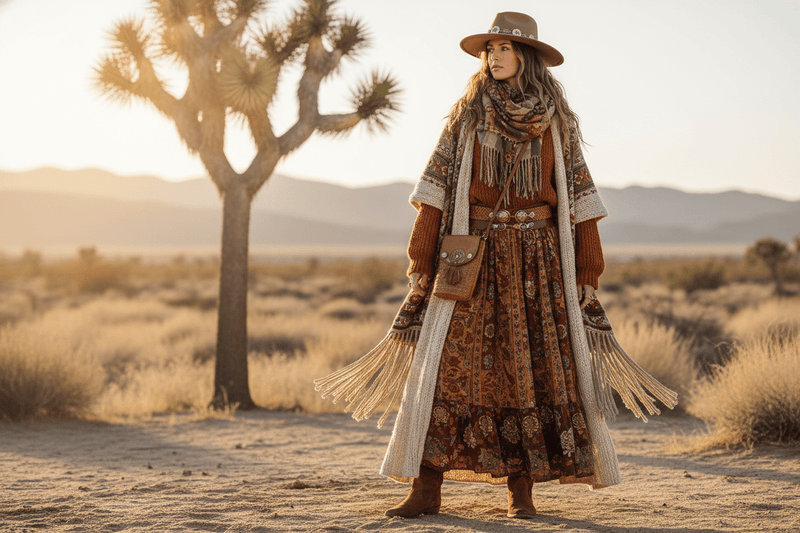 Woman wearing a bohemian maxi dress from Boho Beach Hut.