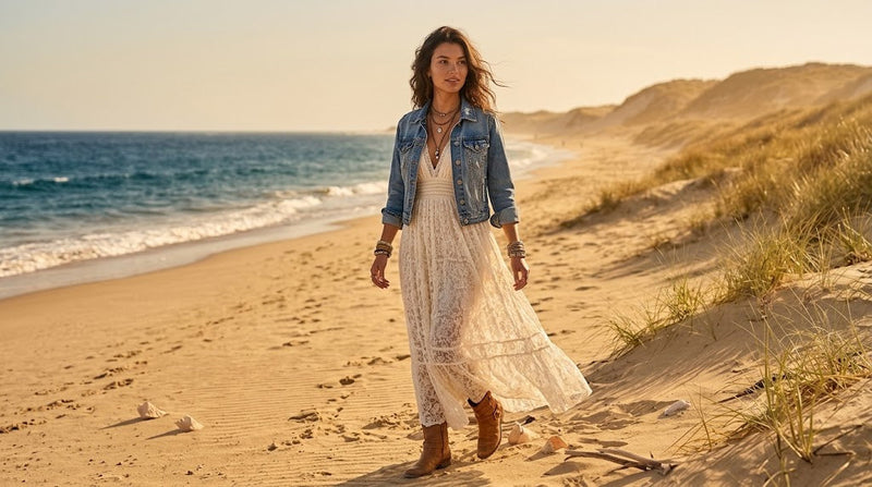 Woman in a white lace boho dress, denim jacket, ankle boots and layered accessories.
