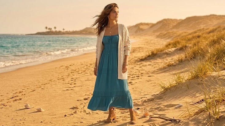 Woman wearing a flowy boho spring outfit with relaxed bohemian style