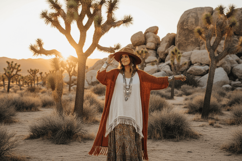 Woman standing in the desert wearing a bohemian style white blouse, floral skirt and a knit sweater.