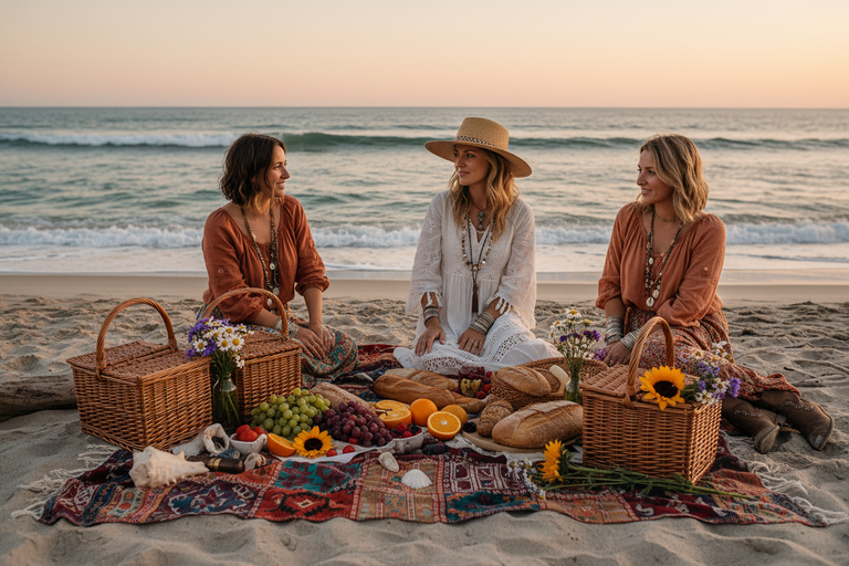 Women wearing boho style outfits having a picnic on the beach.
