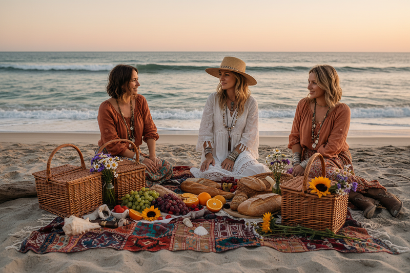 Women wearing boho style outfits having a picnic on the beach.