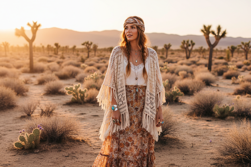 Woman wearing boho clothing in desert.