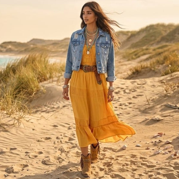 Woman wearing a flowing boho dress featuring a relaxed bohemian silhouette, perfect for vacations, beach days, festivals, and everyday style.