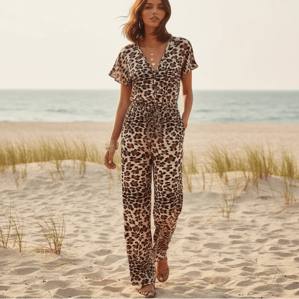 Woman wearing a boho leopard print wide leg jumpsuit with short flutter sleeves, V-neckline, adjustable drawstring waist, and side pockets.