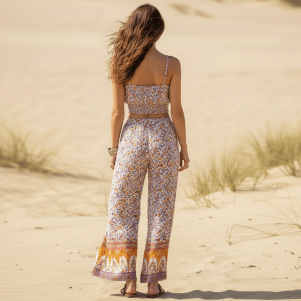 Back view of the Boho Blush Floral Print Crop Top & Wide Leg Pants Set featuring a blush pink floral print, smocked crop top, high-waisted wide leg pants, and relaxed boho matching set for women.