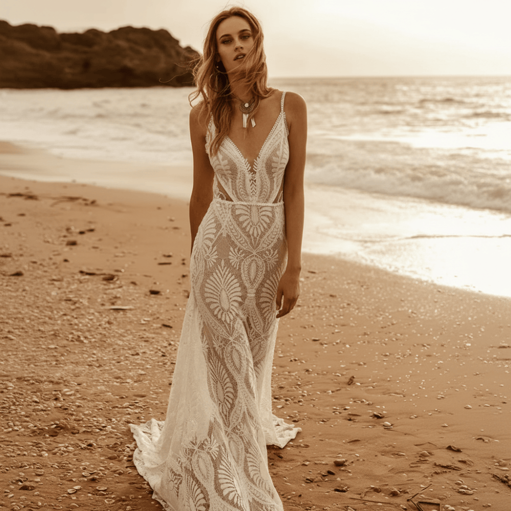 Maxi Dress Boho Sweetheart Lace A-Line Off White