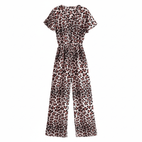 Boho leopard print wide leg jumpsuit with short flutter sleeves, V-neckline, adjustable drawstring waist, and side pockets.