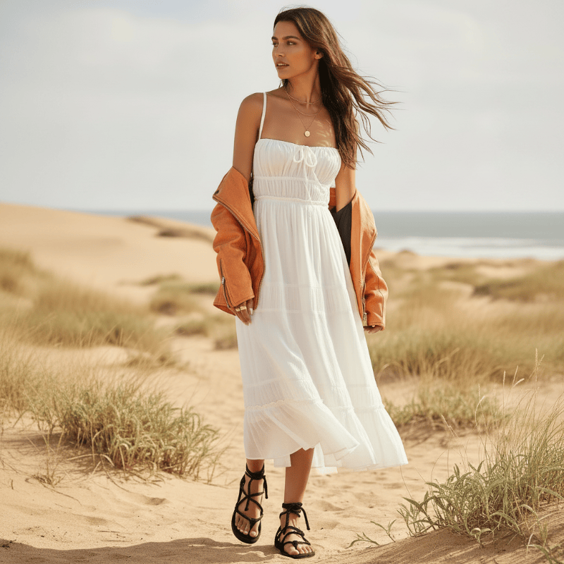 Woman wearing a white boho backless tie-back maxi dress with an open back, flowing A-line silhouette, elastic waist, and ankle-length hem on the beach.