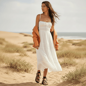 Woman wearing a white boho backless tie-back maxi dress with an open back, flowing A-line silhouette, elastic waist, and ankle-length hem on the beach.