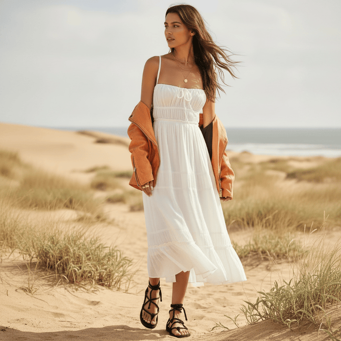 Woman wearing a white boho backless tie-back maxi dress with an open back, flowing A-line silhouette, elastic waist, and ankle-length hem on the beach.