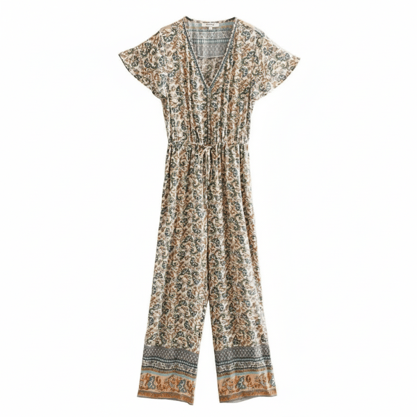 Beige Boho Floral Wide Leg Jumpsuit with pockets featuring a breathable rayon-cotton blend, V-neckline, flutter sleeves, adjustable drawstring waist, front button detail, and neutral floral paisley print.