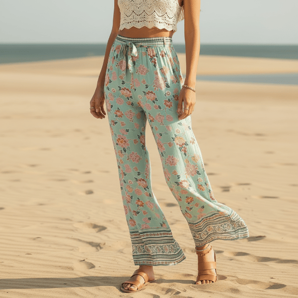 Woman wearing Seafoam Bloom boho wide leg pants with functional side pockets, a high waist drawstring waistband, lightweight rayon fabric, and a flowy floral palazzo silhouette with a seafoam floral print.