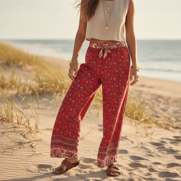 Woman wearing Crimson Meadow boho wide leg pants with functional side pockets, a high waist drawstring waistband, lightweight rayon fabric, and a flowy red floral palazzo silhouette featuring a floral and butterfly-inspired print.