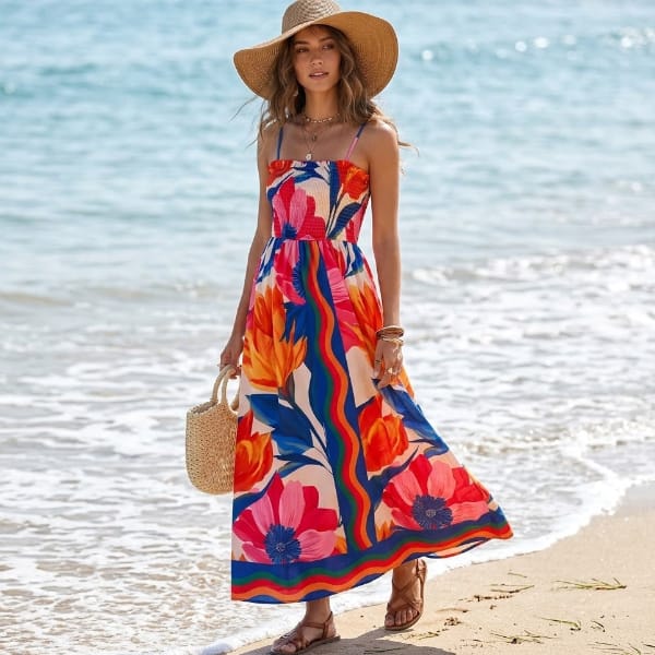 Woman wearing a red colorful floral smocked maxi dress with spaghetti straps, a straight neckline, and a flowing A-line skirt in pink, orange, and blue.