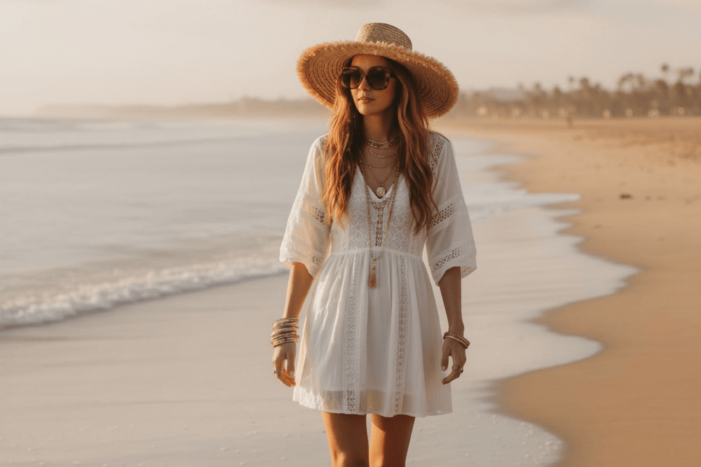 Boho jewelry and accessories for women including layered necklaces, earrings, handbags, sunglasses, hats, and bohemian fashion accessories