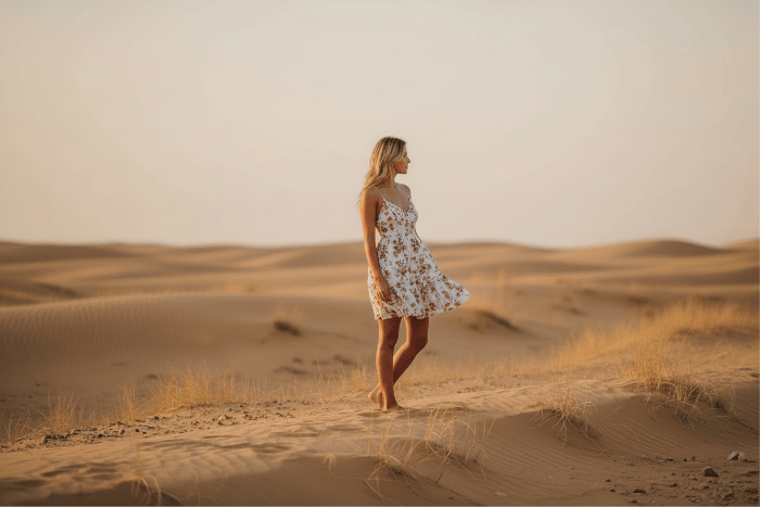 Woman in a floral boho mini dress standing in a desert landscape with warm lighting
