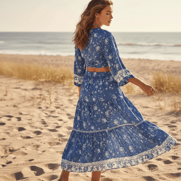 Boho Beach Hut 2 piece maxi skirt set Blue Boho Floral Matching Set