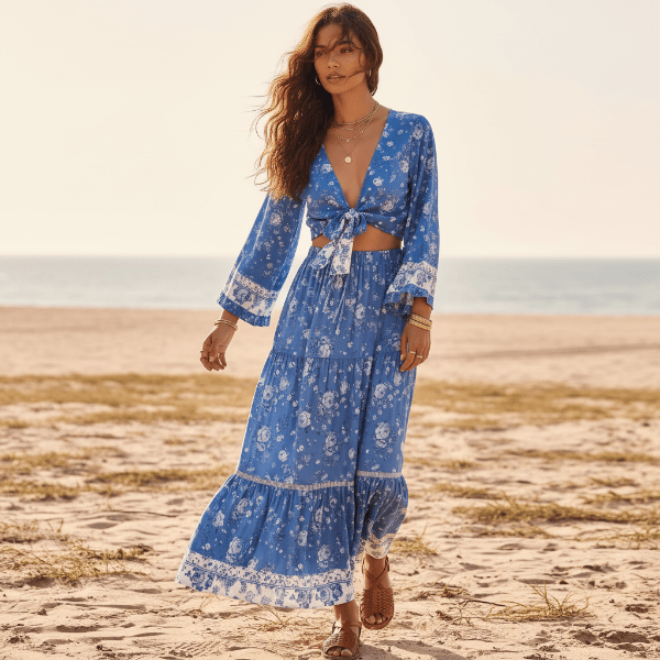 Blue floral crop top and maxi skirt two piece matching set