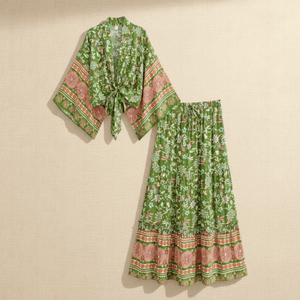 Boho Beach Hut 2 piece maxi skirt set Green Boho Floral Matching Set