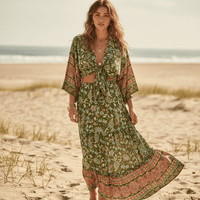 Boho Beach Hut 2 piece maxi skirt set Green Boho Floral Matching Set Green / S