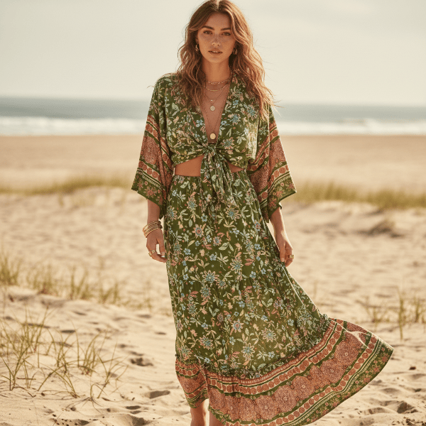 Matching Set Kimono Top Maxi Skirt Floral Green
