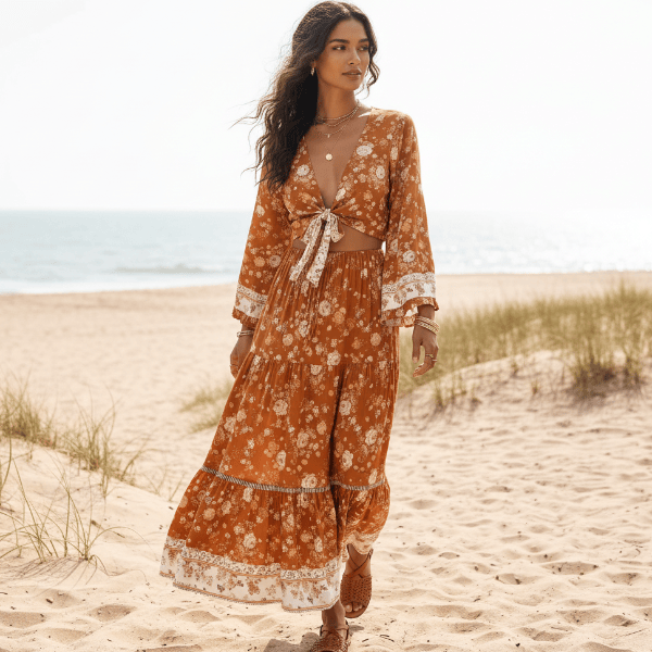 Boho brown orange rust floral crop top and maxi skirt matching set for women