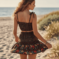 Boho Beach Hut 2 Piece Mini Skirt Set Black Boho Floral Matching Set