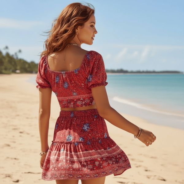 Boho Beach Hut 2 Piece Mini Skirt Set Boho Red Floral Crop Top & Mini Skirt Set