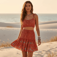 Boho Beach Hut 2 Piece Mini Skirt Set Red Boho Floral Matching Set Red / S