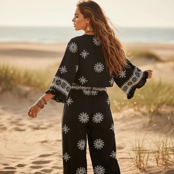Back view of a boho black print kimono and wide leg pants set featuring flowing bell sleeves, wide leg pants, and a lightweight bohemian silhouette.