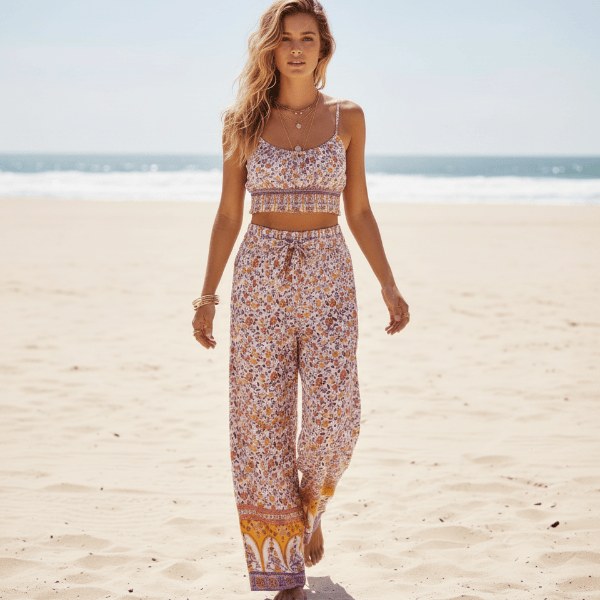 Boho Dusty Rose Floral Print Crop Top & Wide Leg Pants Set for women featuring a dusty rose floral print, smocked spaghetti strap crop top, high-waisted wide leg pants, and lightweight boho matching set.