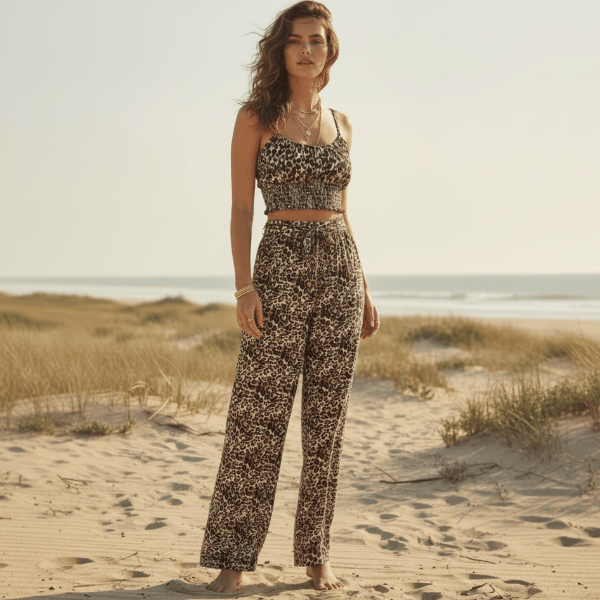 Boho leopard print crop top and wide leg pants matching set with a smocked cami top, adjustable straps, and flowy relaxed fit.