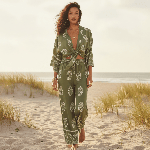 Olive boho kimono and pants set with tie front top and wide leg pants
