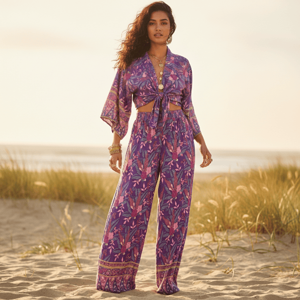 Purple floral kimono and wide leg pants two piece matching set