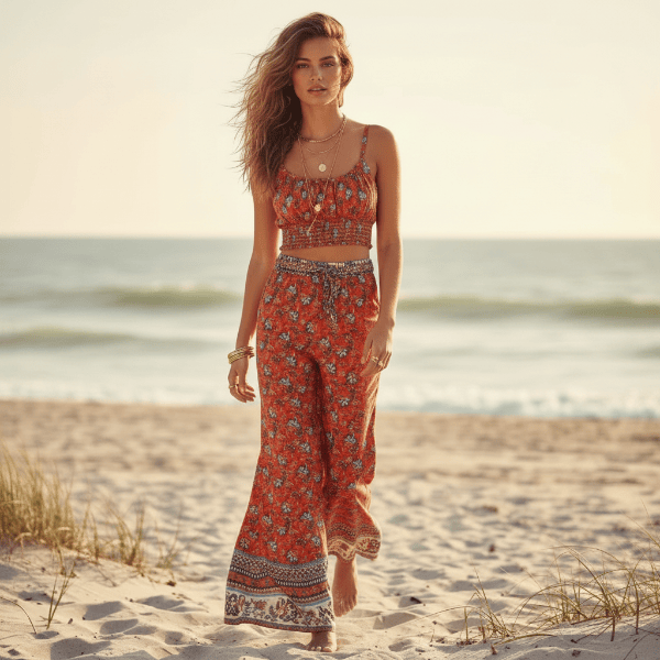Rust floral crop top and wide leg pants matching set for women